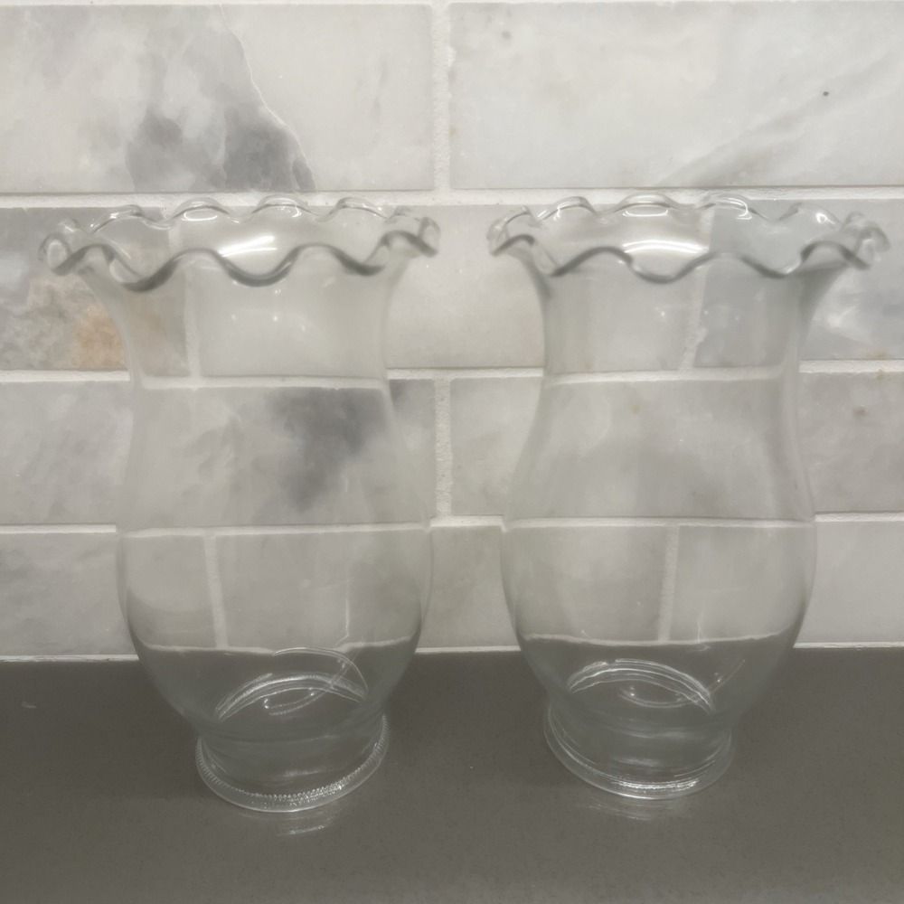 2-Vintage Oil Lamp Ruffle Edge Clear Shade 6" Tall 3" Diameter 2 Fitter